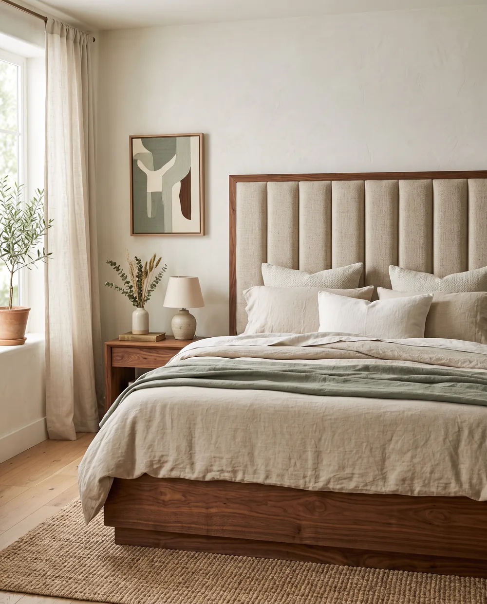 Cama con espaldar tapizado y base en madera de nogal