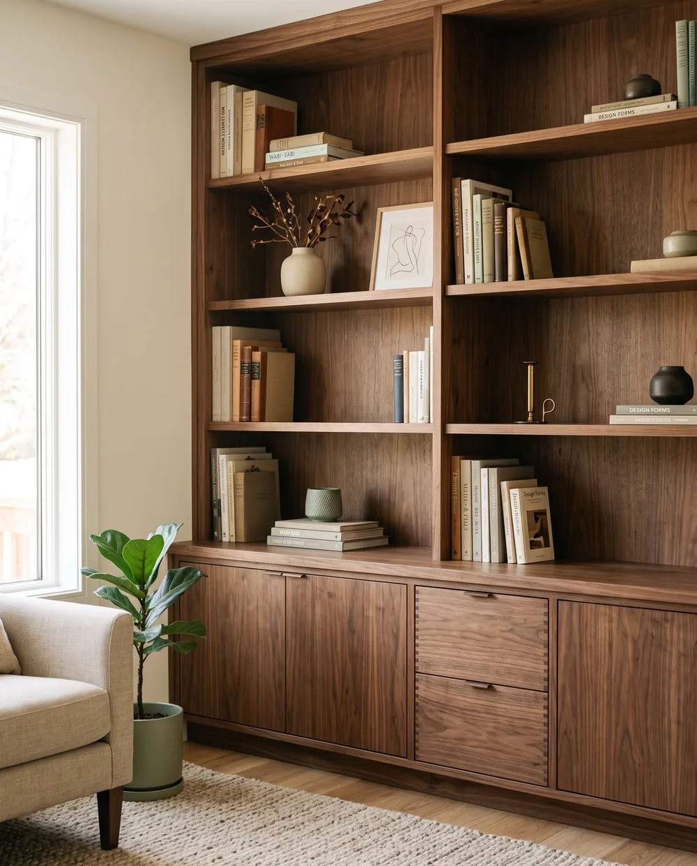 Biblioteca y mueble a la medida en madera de nogal empotrado a la pared