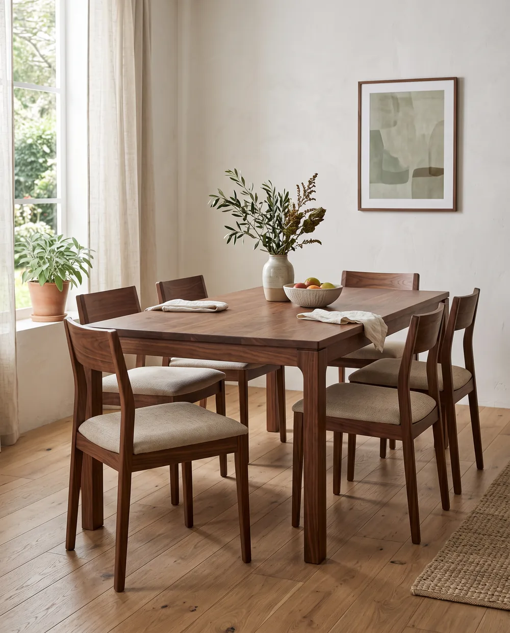 Comedor de madera con sillas tapizadas en tela avena
