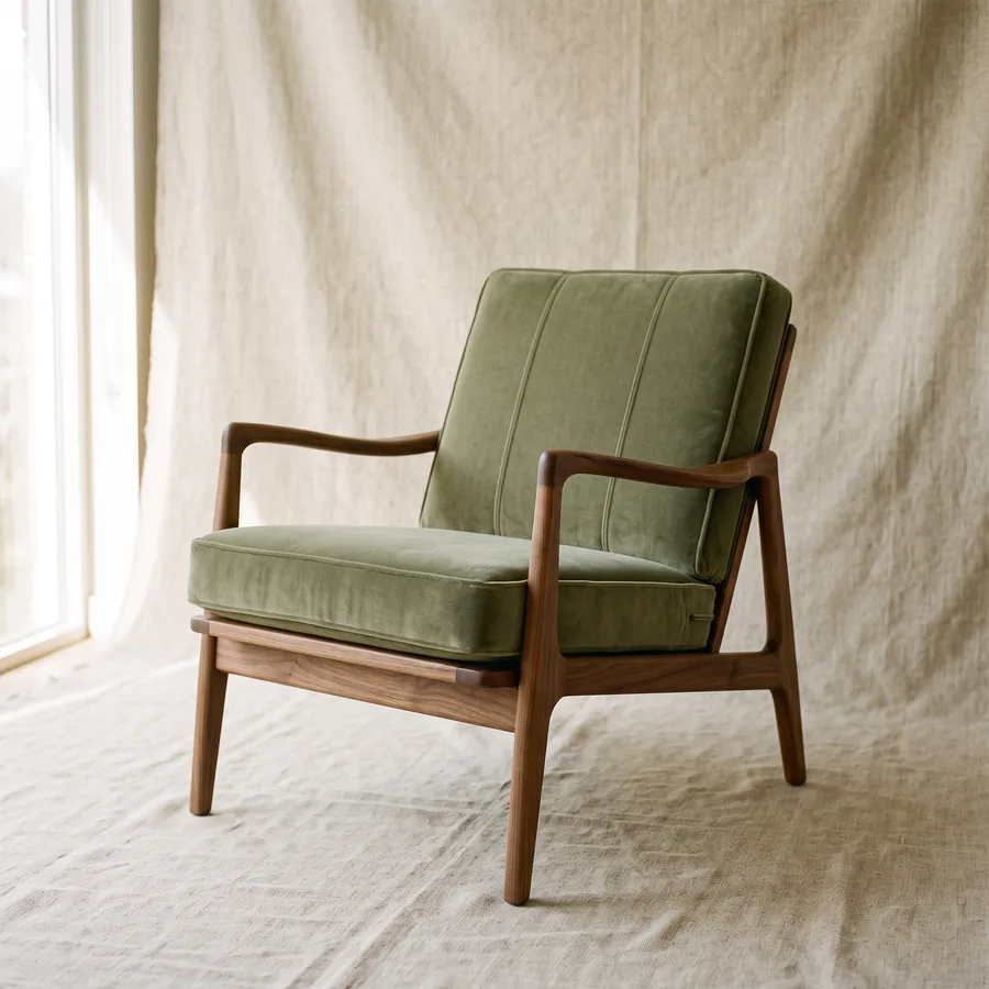 Poltrona con estructura de madera y tapizado en velvet salvia