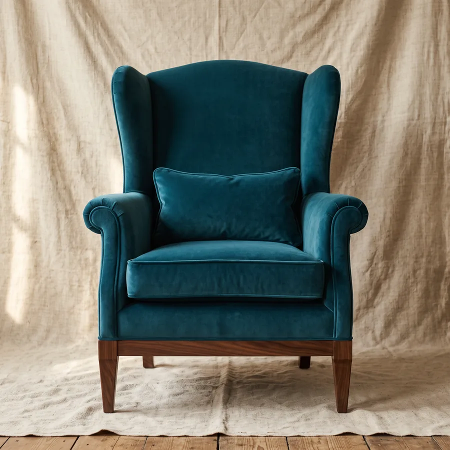 Poltrona clásica retapizada en velvet teal con base en madera