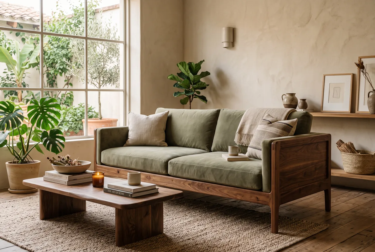 Sala con estructura de madera de nogal y tapizado en velvet salvia