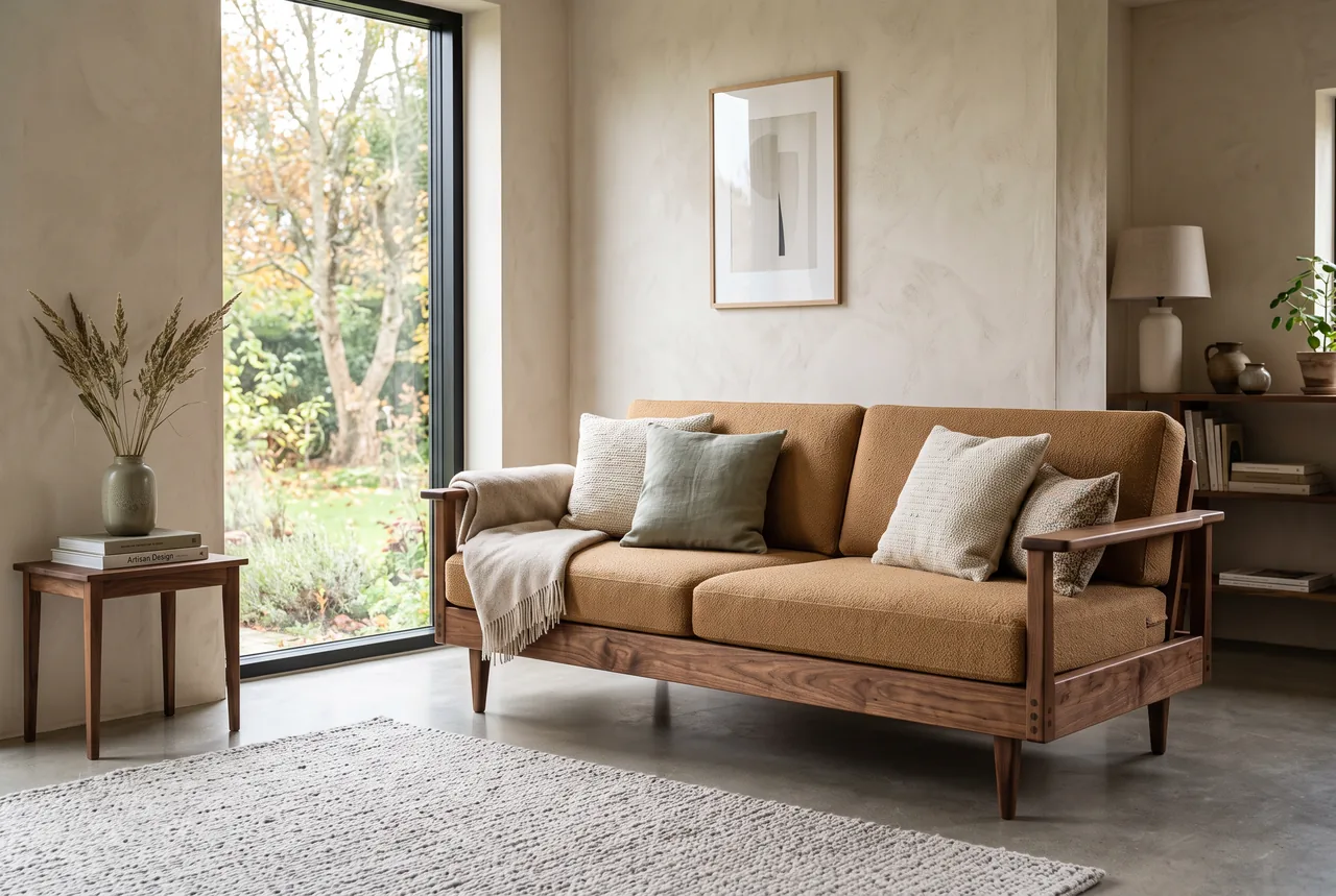 Sofá-cama con estructura de madera tapizado en tela caramelo